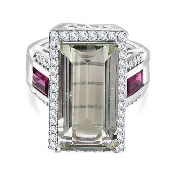 Prasiolith, Rhodolith Granat und Zirkon-Ring - 13,70 ct.