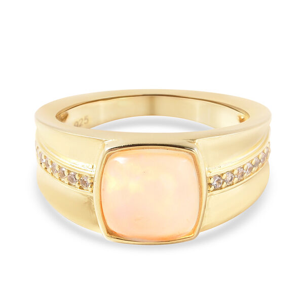 Nat&uuml;rlicher &Auml;thiopischer Opal und Zirkon Ring 925 Silber Gelbgold-&Uuml;berzug