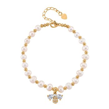 Wei&szlig;e S&uuml;&szlig;wasser Perle, Zirkonia Armband ca. 18cm + 5cm Extender, Nickelfreies Messing gelb vergoldet