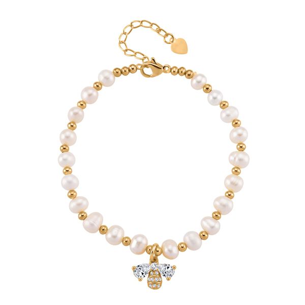 Wei&szlig;e S&uuml;&szlig;wasser Perle, Zirkonia Armband ca. 18cm + 5cm Extender, Nickelfreies Messing gelb vergoldet