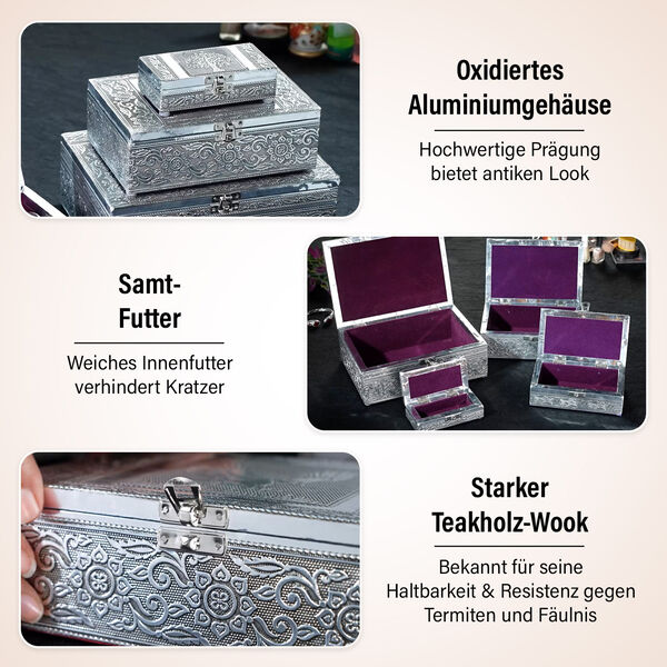 4-teiliges Set handgefertigter Aluminiumboxen mit Lebensbaum-Motiv, Größen von 24x17x9 bis 13x6,5x3 cm image number 3