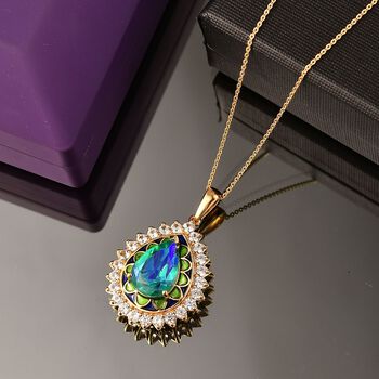 D'joy Pfau Quarz Triplette, Wei&szlig;er Zirkon Anh&auml;nger mit Kette ca. 50 cm, 925 Silber 750 Gelbgold Vermeil ca. 6.02 ct