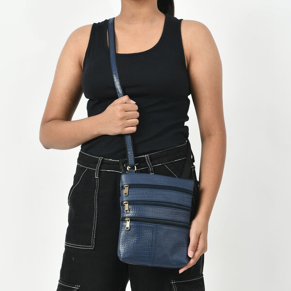 Echtleder Crossbody Tasche mit Kroko Prägung, Multi-Fächer, 20 x 24 cm, Marineblau image number 2