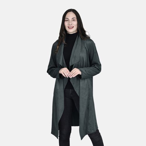 LA MAREY - lange Wasserfall offene Jacke aus Kunst-Wildleder, Größe XL, Grün image number 0