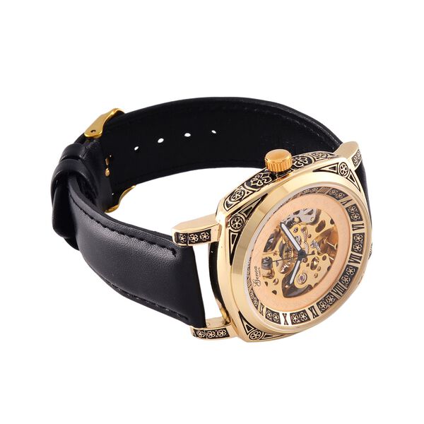 Genoa Time V2 Automatik-Uhr mit Mechanischem Uhrwerk, Goldfarbener Gravur und Schwarzem Lederarmband image number 6