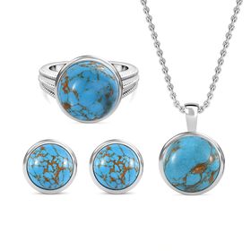 3er Set - Blaues Türkis Anhänger mit Kette, Ring und Ohrstecker Schmuckset, Edelstahl, (Größe16.00) ca. 19.77 ct
