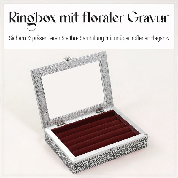 Handgefertigte Ringbox aus Aluminium mit Blumenmuster und Kratzschutzfutter in Rot image number 4