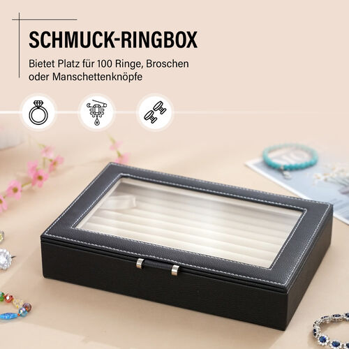 Schmuck-Ringbox aus Kunstleder mit Glasdeckel, 26,7x17,8x5,5cm, Schwarz image number 1