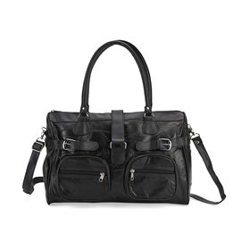 Patchwork Crossbody Tasche aus Schafleder mit mehreren Reißverschlussfächern, 40×16,5×25,5 cm, Schwarz