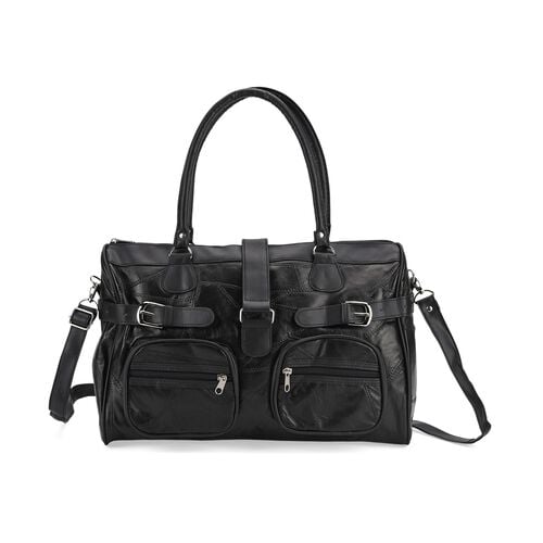 "lifestyle-Color:Black size/Profile:Patch leather crossbody bag :wall(exterior); Genuine Leather;Lining(interior):polyester  Pockets(exterior):zipped-2,pocket-2;Pockets(interior):zipped-1 slid-2 Measurement(cm): 40*16.5*25.5 cm/15.75*6.5*10.04inch"