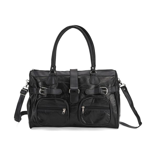 Patchwork Crossbody Tasche aus Schafleder mit mehreren Rei&szlig;verschlussf&auml;chern, 40&times;16,5&times;25,5 cm, Schwarz