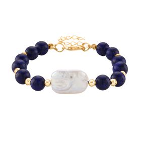 Lapislazuli, Weiße Keshi Perle Armband, ca. 18cm mit 5cm extender, Reine Legierung goldfarben