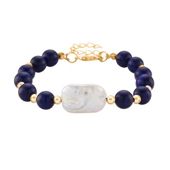 Lapislazuli, Wei&szlig;e Keshi Perle Armband, ca. 18cm mit 5cm extender, Reine Legierung goldfarben