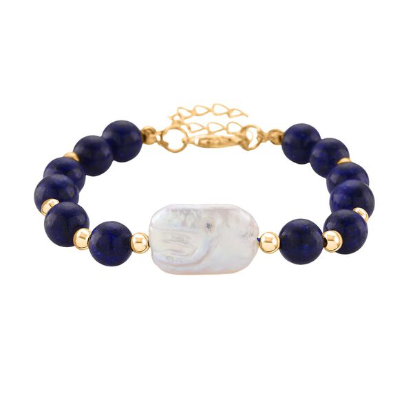 Lapislazuli, Weiße Keshi Perle Armband, ca. 18cm mit 5cm extender, Reine Legierung goldfarben image number 0