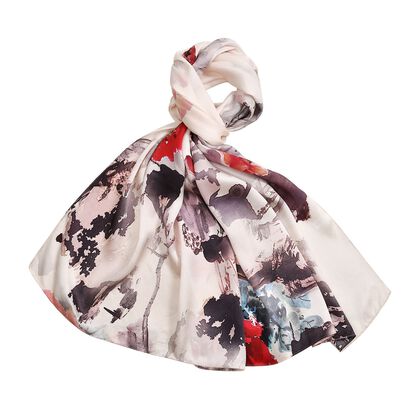 La marey Painted plain crepe satin 100%silk scarfMaterial : 100%silk Size: 52*170cmWeight : 50gColor : pink and grey