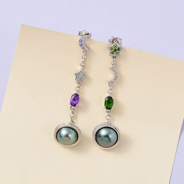 GP Celestial Dream Kollektion - Tahiti Perle, nat&uuml;rliche Chromdiopsid, afrikanische Amethyst und blaue Saphir-Ohrringe - 1,64 ct. image number 1