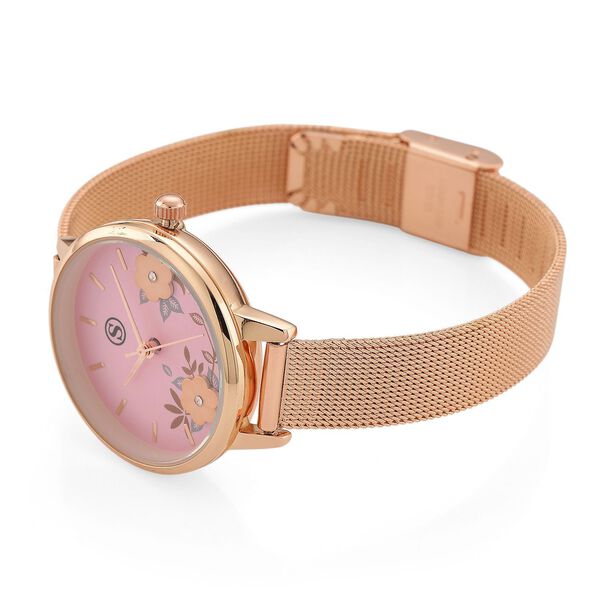 STRADA Uhr mit Japanischem PC21S Werk, Edelstahl-Mesharmband, florales Zifferblatt Rosa mit Wei&szlig;em Kristall, Ros&eacute;vergoldet image number 6
