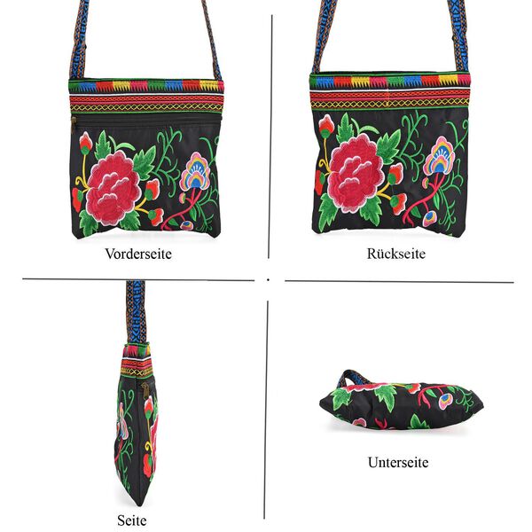 Blumen Stickerei Umhängetasche, verstellbarer Riemen, 23 x 24 cm, Pink Grün image number 5