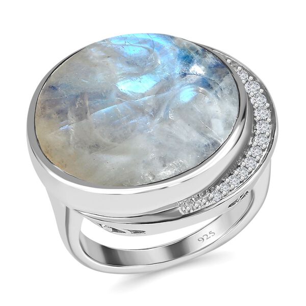 AA Premium Regenbogen Mondstein, weißer Zirkon Ring, 925 Silber platiniert (Größe 18.00) ca. 18.45 ct image number 4