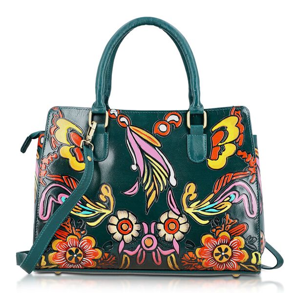 Handbemalte Satchel-Tasche aus 100% Echtleder mit kunstvoller Pr&auml;gung und Blumen-Design, 31x10x23cm, Gr&uuml;n image number 7