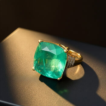 D'Joy - Hoch gefasster Cocktail Smaragd-Quarz Triplette, Wei&szlig;er Zirkon Ring 925 Silber 750 Gelbgold Vermeil (Gr&ouml;&szlig;e 18.00) ca. 24.64 ct