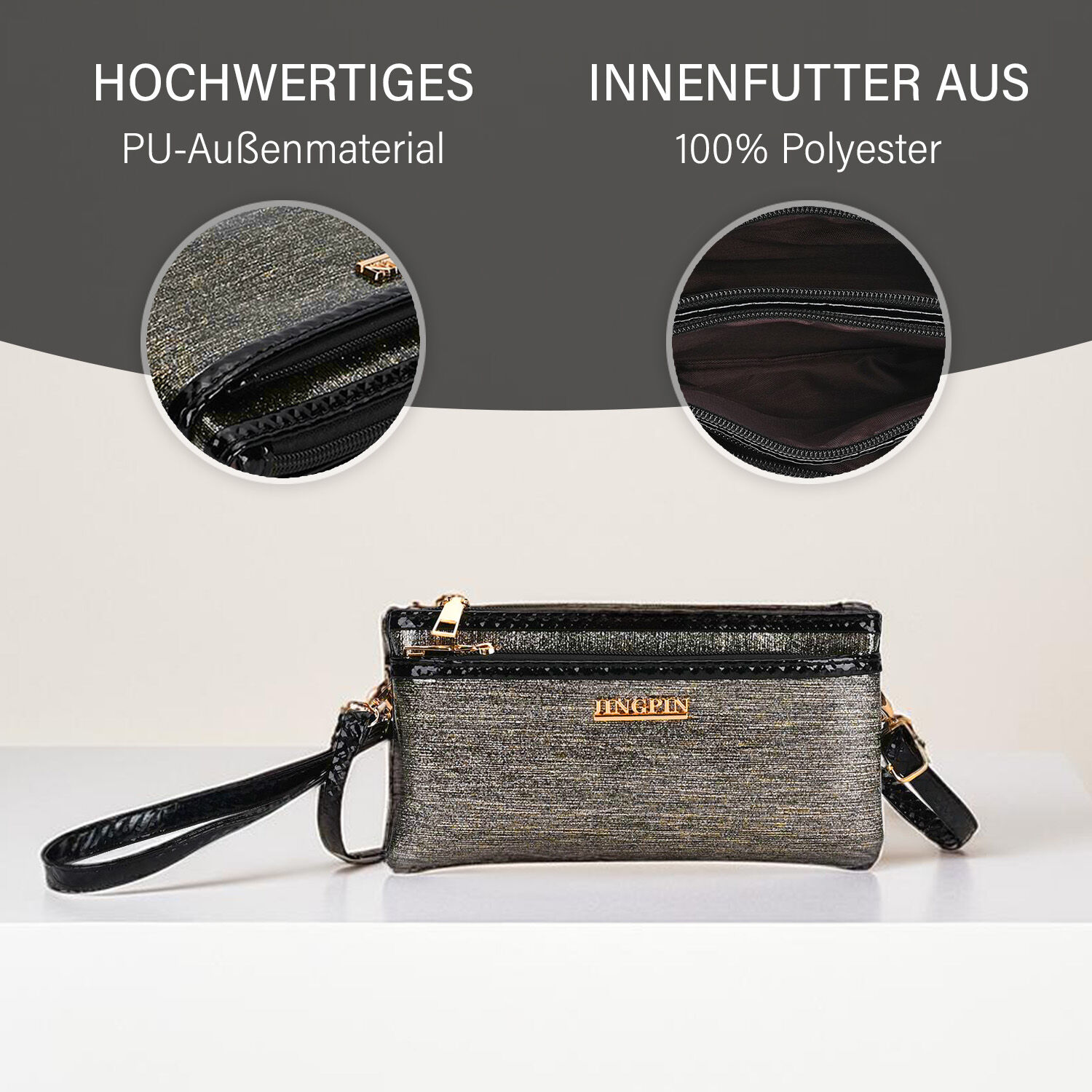 Sling Crossbody Bag Stylische Silber Umhangetasche 3 ReiBverschlussfacher Vielseitiger 130 cm Gurt PU AuBenseite 100 Polyester Futter Kompakte