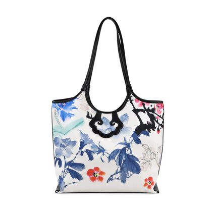 LA MAREY Signature Brokat Echtleder Schultertasche, 1 Au&szlig;enfach und 2 Innenf&auml;cher, 34 x 35 x 11.5 cm, Wei&szlig; mit bunten Blumen