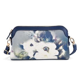 LA MAREY Crossbody Tasche aus 80% Seidenbrokat und 20% Echtleder, Blumenmuster, 24x5.5x14cm, Weiß-blau