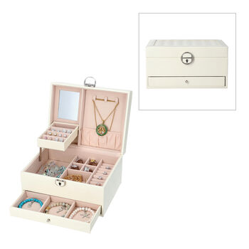 3-lagiges PU-Leder-Schmuckk&auml;stchen, herausnehmbare Elemente und Schloss, kariertes Steppmuster, wei&szlig;