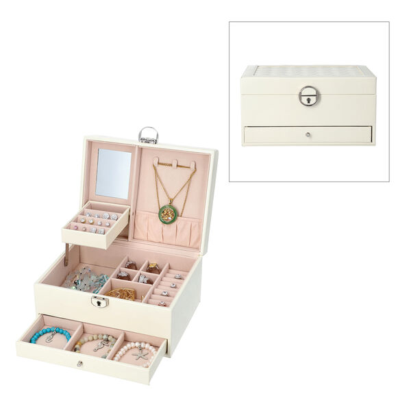 3-lagiges PU-Leder-Schmuckkästchen, herausnehmbare Elemente und Schloss, kariertes Steppmuster, weiß image number 0