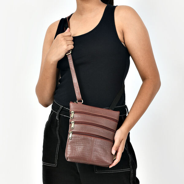 Echtleder Crossbody Tasche mit Kroko Prägung, Multi-Fächer, 20 x 24 cm, Cognac image number 2