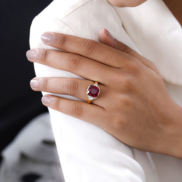 Afrikanischer Rubin (Fissure gefüllt), Moissanit Ring, 925 Silber Gelbgold Vermeil (Größe 20.00) ca. 6,94 ct image number 3