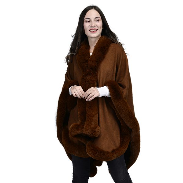 TAMSY - Ruana mit Kunstfellbesatz, Einheitsgr&ouml;&szlig;e , Cognacfarben