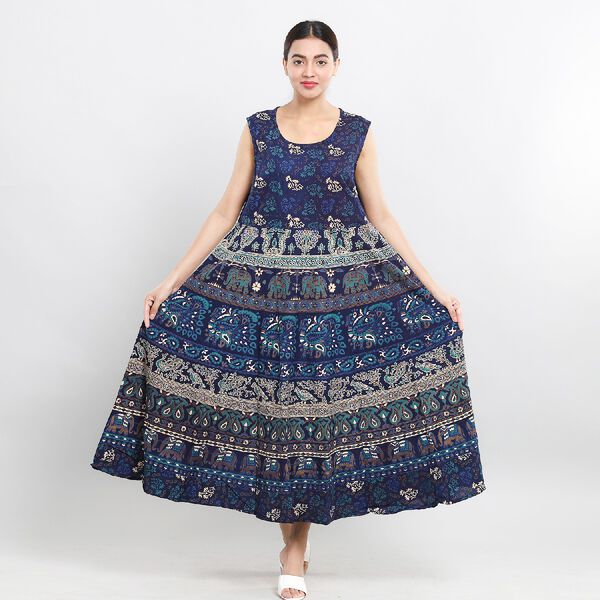 100% Baumwolle &auml;rmelloses Kleid, Mandala Muster, Einheitsgr&ouml;&szlig;e, Blau image number 2