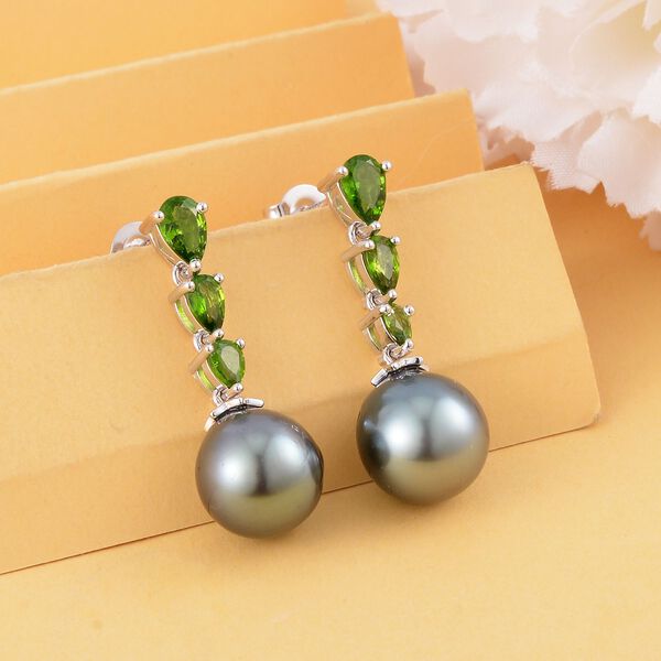 Tahiti Perle, nat&uuml;rlicher Chromdiopsid Ohrringe, 925 Silber rhodiniert, ca. 1.61 ct image number 2