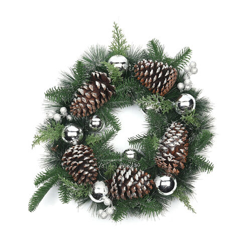 Weihnachtskranz mit silberner Kugel/ Obst/ Tannenzapfen und LED Lichterkette, Durchmesser 45 cm, 2xAA Batterie (nicht inkl.) image number 0