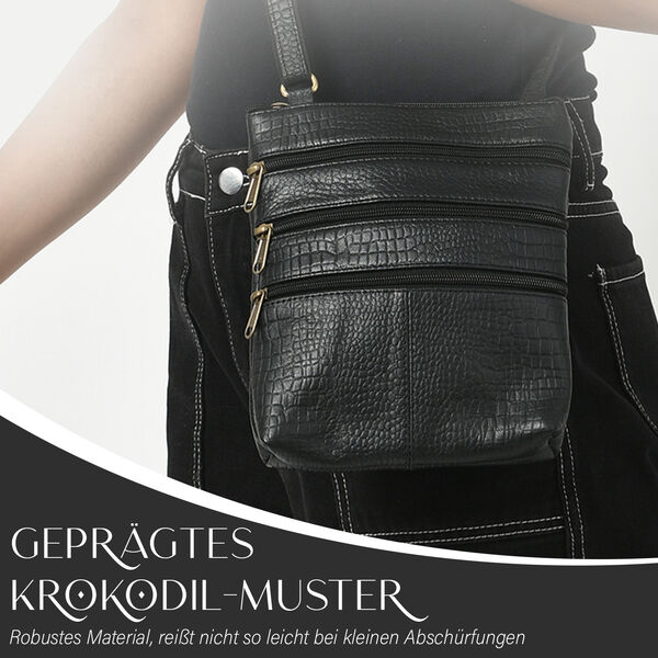 Echtleder Crossbody Tasche mit Kroko-Pr&auml;gung, Schwarz image number 3