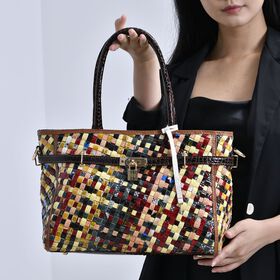 Chaos by Elsie -  Echtleder Handtasche mit RFID-Schutz, Gewebtes Muster in Multicolor, 34x14x25cm