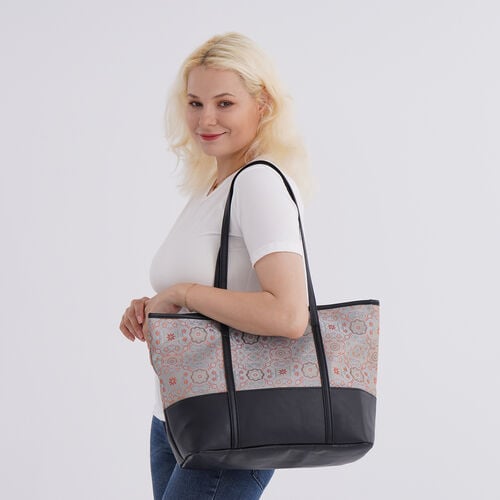 Schultertasche modischem Print, große Kapazität, mit Reißverschluss und Innentasche, 48x29x14 cm, Polyester mit PU-Leder, Blau mit Blumenmuster image number 1