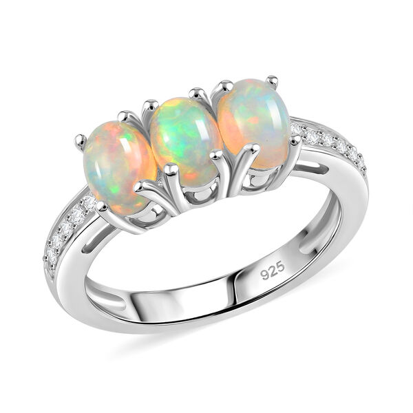 Nat&uuml;rlicher &Auml;thiopischer Opal und Zirkon 3 Stein Ring 925 Silber Platin-&Uuml;berzug image number 4