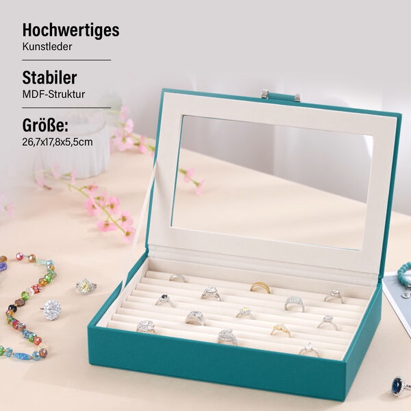 Schmuck-Ringbox aus Kunstleder mit Glasdeckel, 26,7x17,8x5,5cm, T&uuml;rkisgr&uuml;n image number 3