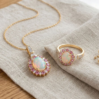 AA &auml;thiopischer Welo Opal Rosa Turmalin und Moissanit Anh&auml;nger mit 50cm Kette und Ring