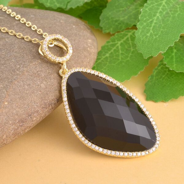 Schwarz gefärbter Achat, Weißer Zirkonia Anhänger mit Kette, ca. 18.00 ct image number 2