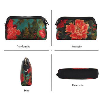 LA MAREY Crossbody Tasche aus 80% Seidenbrokat und 20% Echtleder, Blumenmuster, 24x5.5x14cm, Schwarz-rot