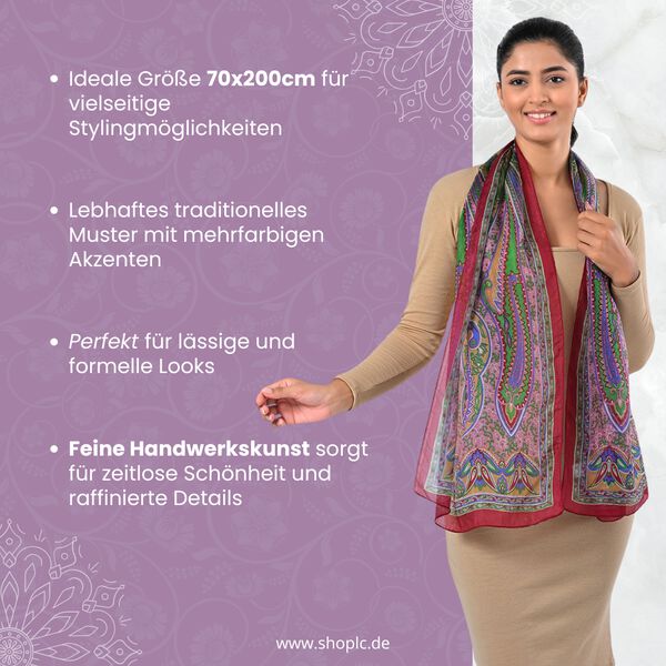 Bedruckter Schal aus 100% Seide, Mehrfarbiges Muster mit weinroter Bordüre, 70x200 cm image number 2