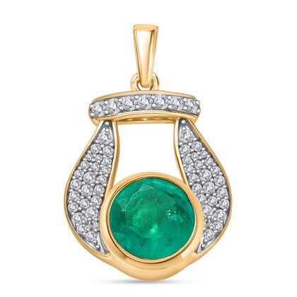 D'Joy Smaragd-Quarz Triplette, Wei&szlig;er Zirkon Anh&auml;nger 925 Silber 750 Gelb Vergoldet ca. 3.95 ct