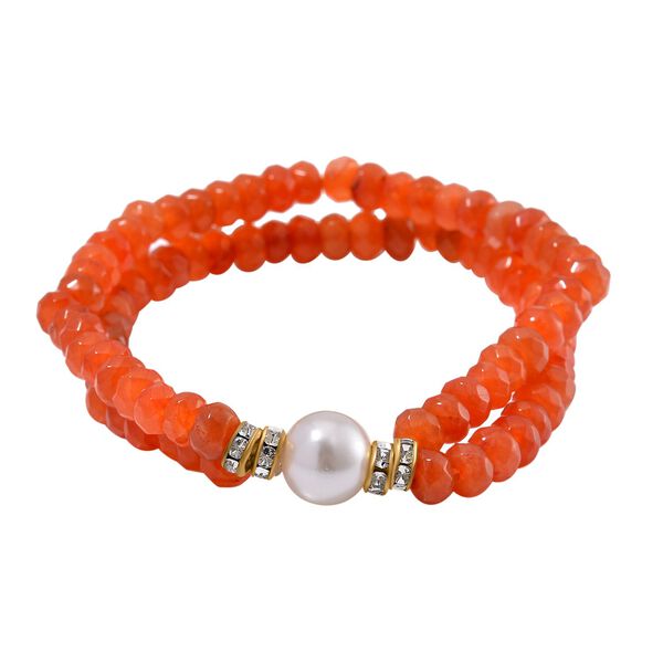 Wei&szlig;e Muschelkernperle, Roter Achat Armband ca. BR-Stretch cm Legierung Standard gelb vergoldet