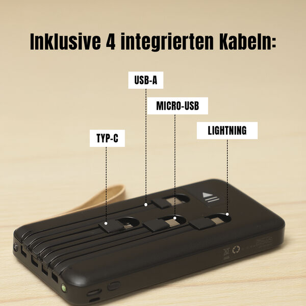 10.000 mAh Powerbank mit LED-Taschenlampe, 4 integrierten Kabeln, 14&times;6,8&times;2 cm, Schwarz image number 3
