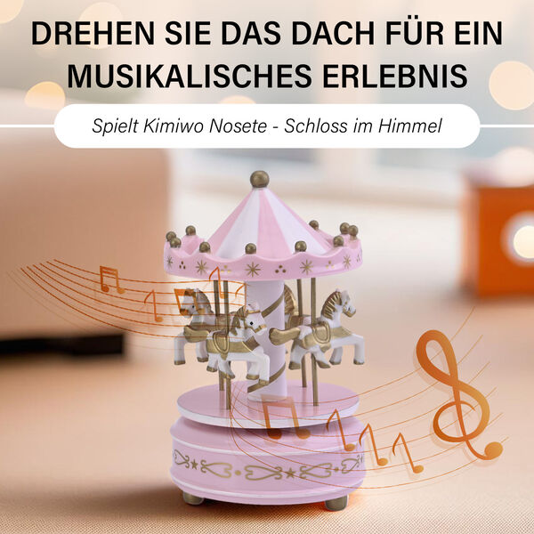 4-Pferde Holz Karussell Spieluhr, Gr&ouml;&szlig;e 18x10 cm, Rosa image number 2