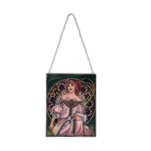 Handbemalter Glas-Sonnenfänger, Alphonse-Mucha-Motiv Frau mit Blumenornament, 12×15cm, Mehrfarbig image number 3